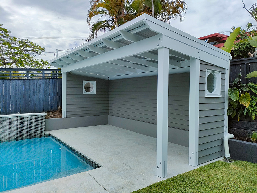 The Front Cantilever overhang looks beautiful on this Pergola style of Cabana. A splayed Pergola profile has been selected and it looks fantastic!