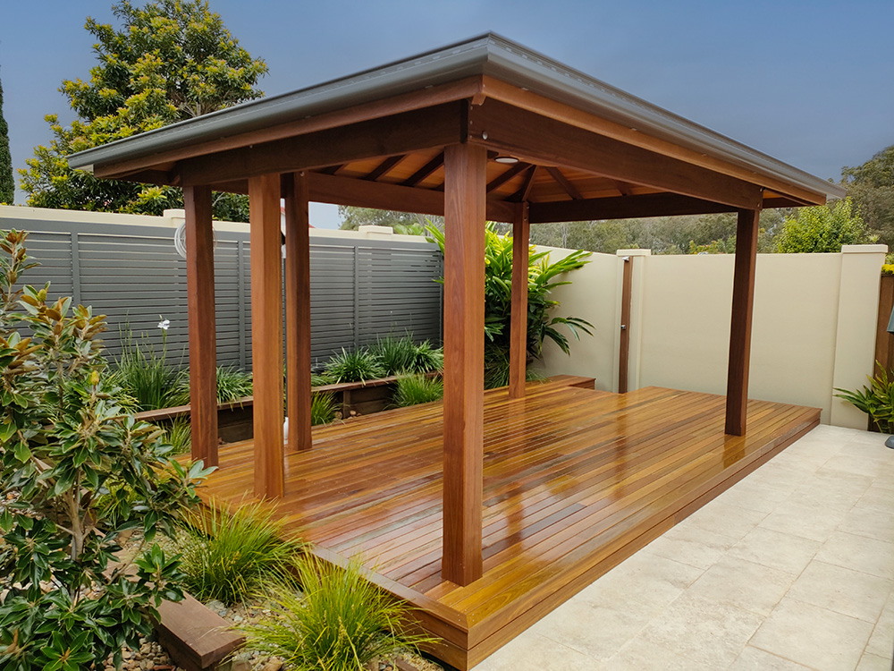 This gazebo is simply stunning in full Spotted Gum and a Cedar ceiling.