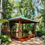 This Gazebo featues Solid Spotted Gum Posts, F27 Spotted Gum roof framing and elevated deck over brick pavers with a Merbau deck.