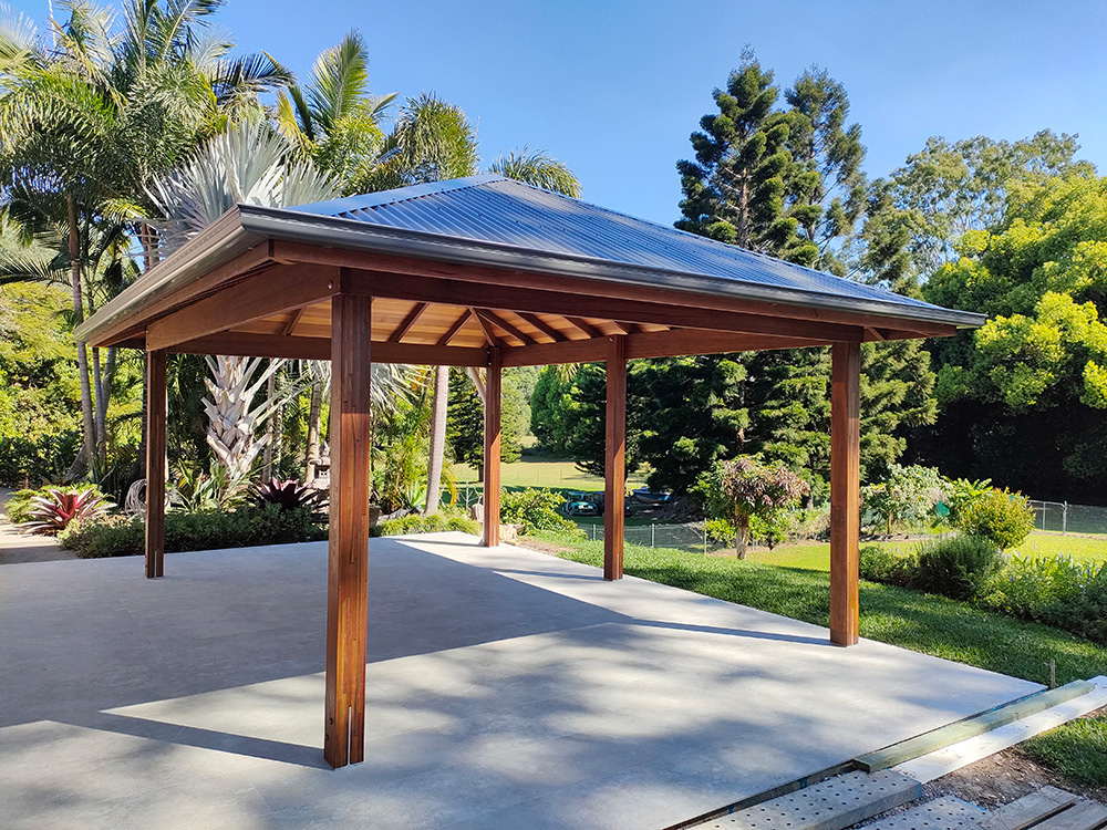 This large Spotted Gum Gazebo overlooks the sloping yard which looks out over the property and down to the creek.