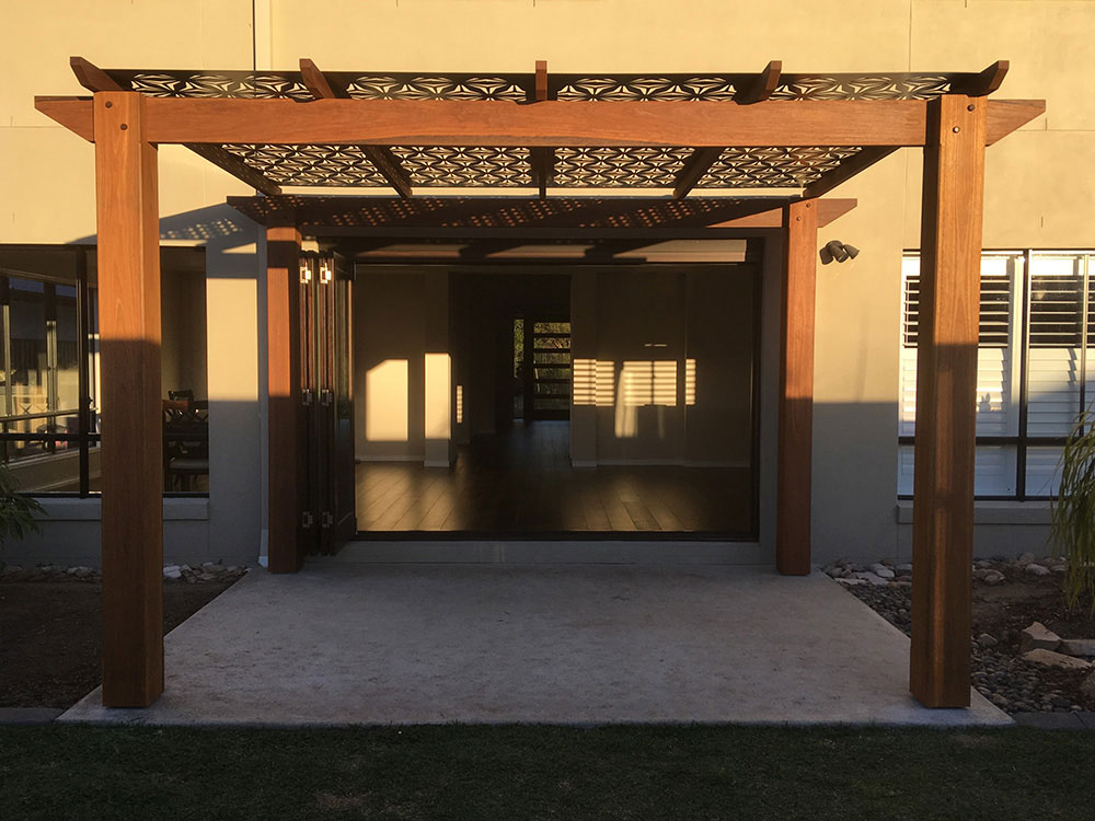 Spotted Gum Timber Pergola with Decorative Aluminium Screening