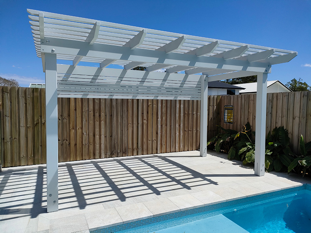 This Pine Pergola with front overhang has been selected for this residence in Ormiston.