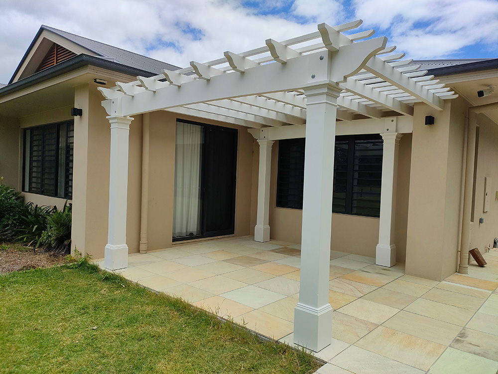 This Pergola has beautiful 65 mm thick rafters. They look remarkable knothed over the arched beams.