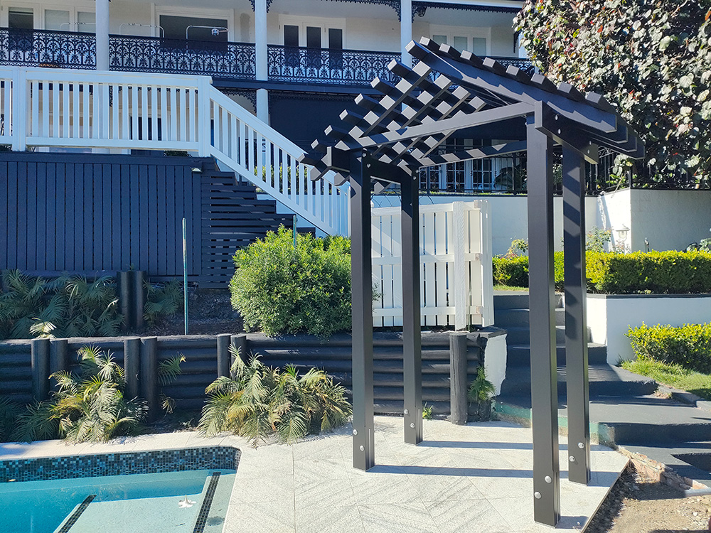 This Pool Entrance Arbour looks fantastic at this residence in Hamilton. The new Pine Arbour painted black was the next item to be added to this exciting pool reno following this the pool fencing and gates will be added.