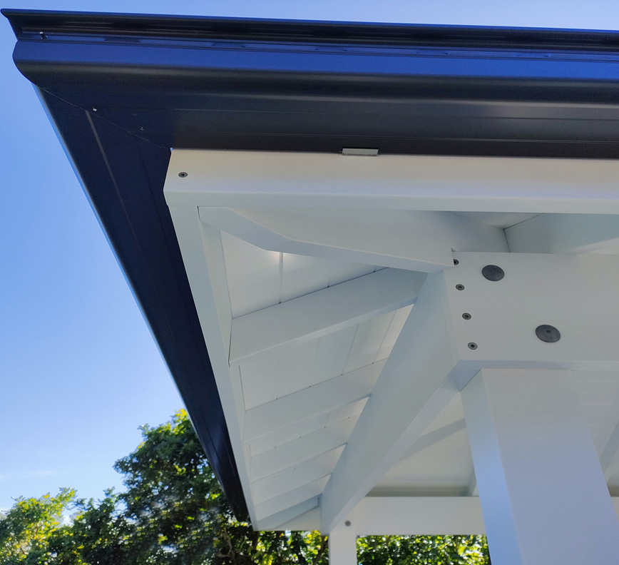 Each element is fit precisely including the gutters for a premium finish. From the precise placement of the screws and bolts to the exact fit of the VJ Ceiling.