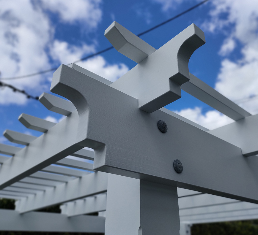 Looking for a custom Pergola Profile? We can match any profile you select. This is a Scotia profile that matches the existing residence features.